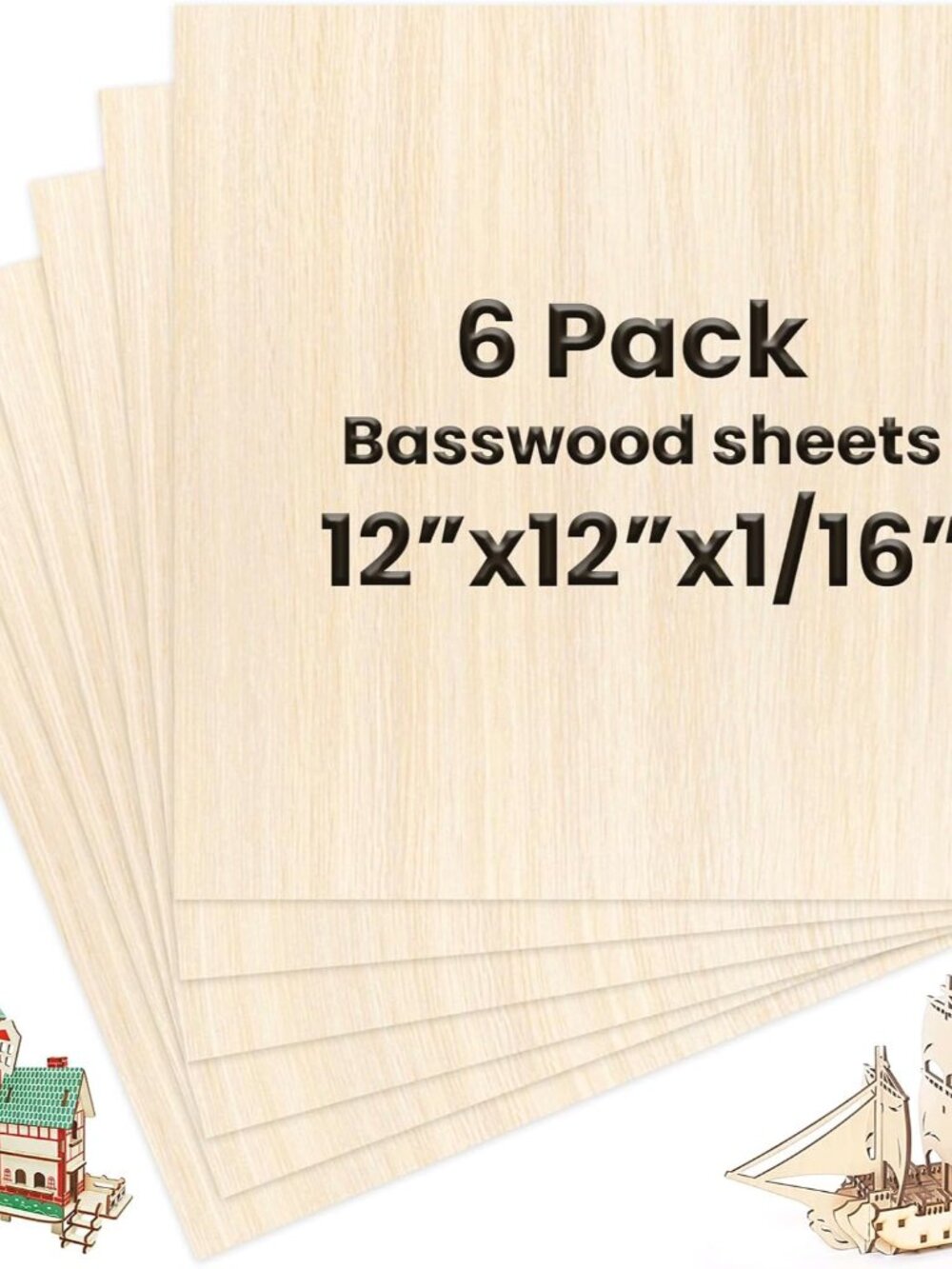 6 Pack Basswood Sheets 12 x 12 x 1/16 Inch Thin Wood Sheets for Crafts
